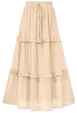 BTFBM Women's Long Summer Skirt 2025 Elegant High Waist Cocktail Party Wedding Guest Dress Flared A-Line Midi Skirts(Apricot,X-Large)