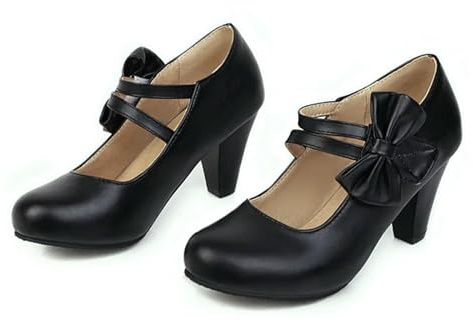 Escarpins à talon rond rose avec sangles de cheville nœud papillon - Chaussures élégantes Lolita en cuir synthétique pour femme - Chaussures de danse et de travail, Noir , 36 EU