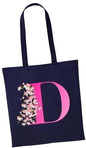 Personalised Floral Pink Initial Tote Bag Cotton Shopper Long Handle Shopping Bag Initial Printed Adult Unisex Gifts (French Navy)