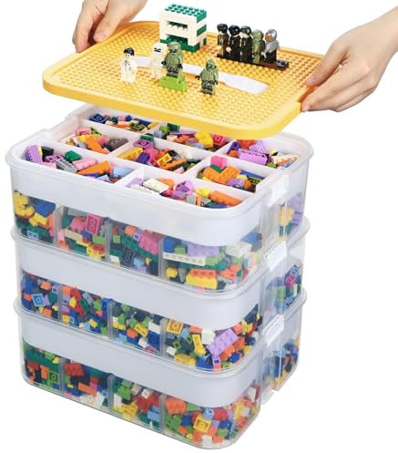 Douorgan Toy Storage Organizer for Lego Stackable Organizer Bins with Compartments Portable Containers with Lids Building Blocks Miniature Organizer Storage Box Toy Chest Case (Yellow, 3 Layers)