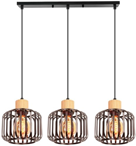 iDEGU 3-flammig Pendelleuchte Retro Vintage Hängelampe aus Holz Metall Industrie Lampe Käfig Lampenschirm Deckenleuchte Moderne Hängeleuchte für Esszimmer Wohnzimmer Küche Restaurant (Balken, Schwarz)