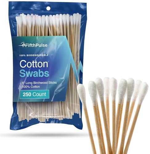 250 Biodegradable Long Cotton Swabs - 6 Inch Long Swabs for Ears - Made From Birchwood and 100% Cotton - Lint Free
