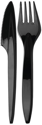 daybays Plastikbesteck Set 50x Plastikgabel 50x Plastikmesser Mehrweg Geschirrset Partybesteck Plastikgeschirr Mehrwegbesteck Spülmaschinenbeständig (Schwarz, 50Gabel+50Messer)