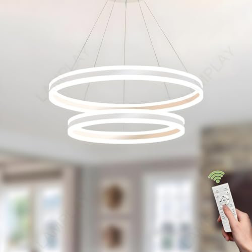 LAMPLAY Lampada A Sospensione Moderna A LED Rotonda, 2 Lampadario Ad Anello Bianco, Dimmerabile Con Telecomando 3000K-6000K Lampada Da Soffitto, Altezza Regolabile, Camera Da Letto(Ø40+60cm)
