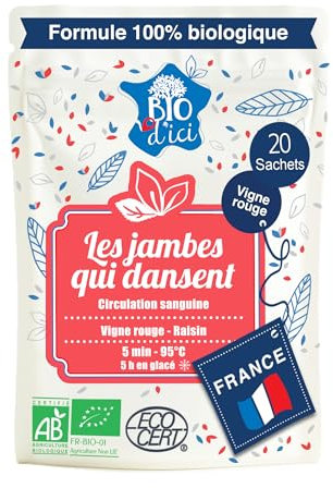 Bio d’Ici - Infusion Bio Les Jambes Qui Dansent - 20 Sachets de 2g - Vigne Rouge, Raisin & Jasmin - Circulatoire & Délicatement Fruitée - Certifié Bio & Conditionné en France