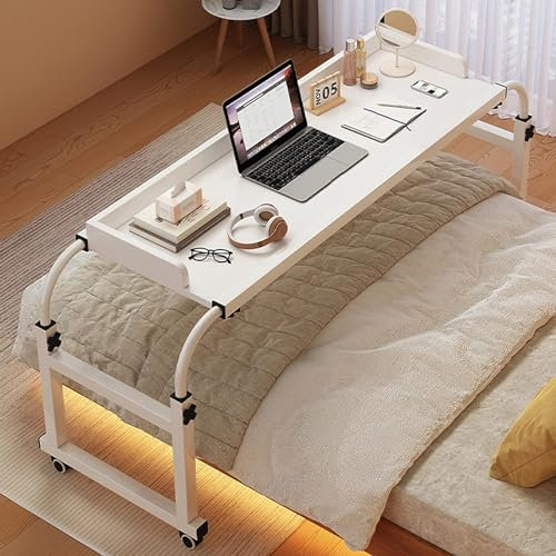 Table de lit à roulettes, hauteur réglable de 65 à 95 cm, bureau d'ordinateur, poste de travail debout, plateau de nourriture, table médicale roulante pour cadre de lit double/complet/queen/king