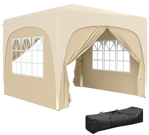 Outsunny 3 x 3(m) Pop Up Gazebo with Sides, Carry Bag, UPF50+, Sand Brown | Height Adjustable, Party Tent, Instant Event Shelter, Garden Outdoor Patio