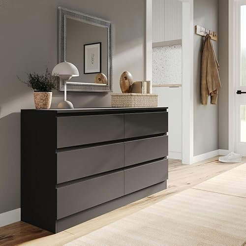 URBNLIVING Modern Black Wooden Chest with 6 Drawers for Bedroom or Office Storage Versatile Bedside Table and Stylish Cabinet for Organizing Clothes Accessories Work Place Supplies Personal Items
