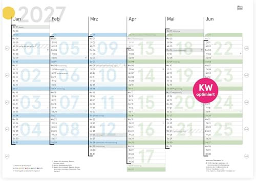 weekview Tafelkalender 2027 mit Wochenstruktur DIN A4 farbig, Tafelplaner mit Feiertagen, Jahreskalender, Wandkalender | 12 Monate mit klarer Kalenderwoche