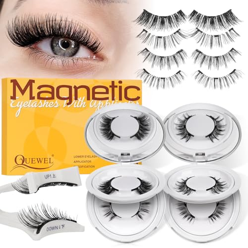 QUEWEL Magnetische Wimpern kein Kleber nötig 4 Paare, natürlicher Look Wimpern magnetisch wiederverwendbar, Magnet Wimpern Set einfach zu tragen mit Anleitung und Applikator (4 Paar-B)