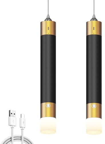 LANMOU 2 Stück Akku Pendelleuchte,3 Lichtfarben Touch Dimmbar,Schwarz Gold | LED Hängelampe mit Batterie, 4500 mAh USB-C-Ladung, 500 lm, ohne Strom, für Schlafzimmer Nachttisch Kücheninsel, 33cm