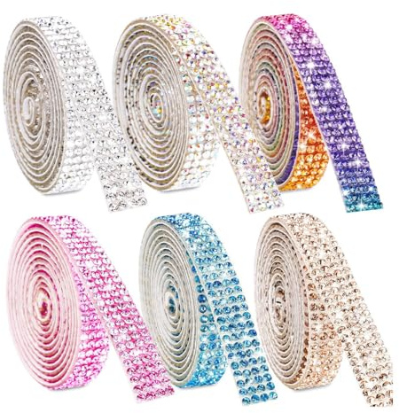 Auriselle 1 Yards 6 Farben Selbstklebendes Strassband Set, Breit Bunte Hochglänzende Strasssteine Glitzerband Selbstklebend, DIY-Dekorationen Hochzeit Party Kleidung Bastelprojekte Glitzersteine Tape