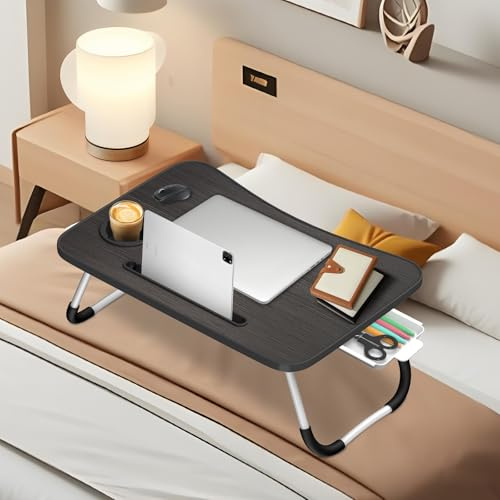 Ferghana Klappbarer Laptop-Schreibtisch Klappbar,Tisch 60x40cm Leichtes Bett Schreibtisch Engineering Design Multifunktionstisch (Kartenschlitz + Tassenträger + Schublade, Schwarz)