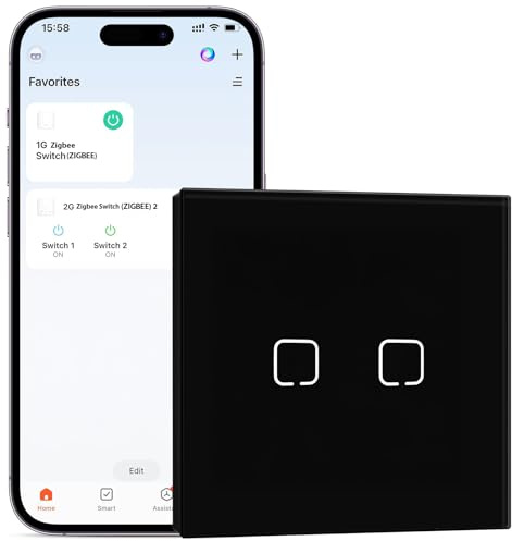 BSEEDLIFE Smart Tactile Interrupteur Mural,Zigbee Intelligent Interrupteur,2 Gang 1 Voie 86 * 86 mm,Montage Encastré,Compatible avec Alexa et Google Home(Via l'Application Tuya/Smart Life),Noir