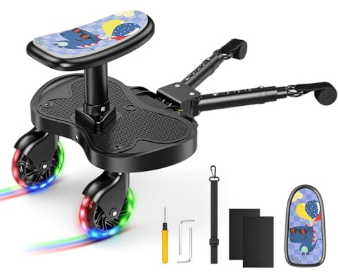 JoyCushy Buggy Board with Seat, Universal Buggy Board with LED Wheels, Kiddy Board with Patterned Seat, for Toddlers from 2-6 Years, Load 25 Kg, Fits 99% of Prams