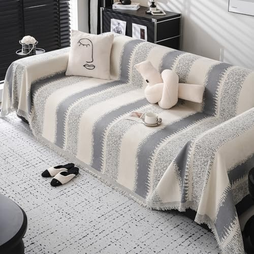DeepDream Sofa Überzug 1/2/3/4 Sitzer, Chenille Sofaüberwurf Waschbar L Form Sektionssofa, Couch Überzug Sofa Überwurfdecke Futonbezug für Haustiere Kinder, 180 x 340cm, Gestreift Grau