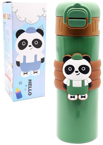 Panda Borraccia Termica per Bambini, 520ML Tazza Termicas con Cannuccia Borraccias Termicas in Acciaio Inox Borraccia Antigoccia per Sport Grande Capacità Tazza Termica per Viaggio Scuola