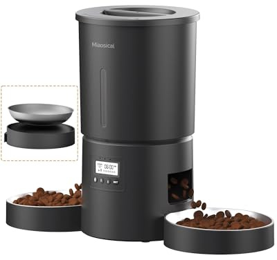 Automatic Cat Feeder 2 Cats, 4.2L Dry Food Auto Dispenser with Double Bowls,Dual Power Supply,Programmable Portion Control,10s Voice Recorder(Black,Stainless Steel Bowls) (Pure Black)