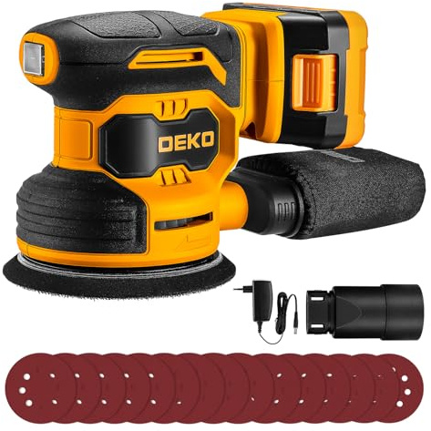 DEKOPRO 20V Lijadora Excéntrica Inalámbrica con 1 Batería de 2,0 Ah, Lijadora de 125 mm Madera 13000 RPM, Incluye 15 Hojas de Lija, Apta para Proyectos de Bricolaje en Madera, Amarillo y Negro