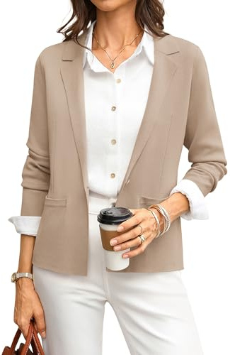 GRACE KARIN Blazer Cardigan da donna a maniche lunghe in maglia con bottoni, risvolti, scollo a V, con tasca, elegante cardigan business, cachi, XXL