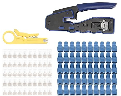 Strumento di crimpatura RJ45, pinza spelafili professionale per crimpatrice Ethernet per connettore passante Cat5 Cat5e Cat6 Cat6A, crimpatrice per cavi di rete tutto in con lame