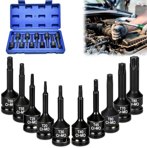Juego de Llaves de Vaso Torx de Impacto de 1/2 Pulgada:10 Piezas Puntas Torx Cr-Mo Alta Resistencia Alto Par para Pernos Auto Taller Mecánicos