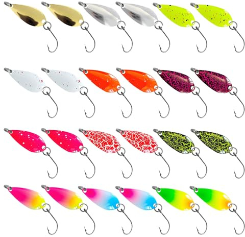 24 Stück Spoons Forelle Forellen Blinker Angeln Forellen Spoon Wobbler Forelle Spinner Angeln Angel Blinker Einzelhaken-Konstruktion 12 Farben Realistisches Design Verformungsbeständig Für Barrakudas