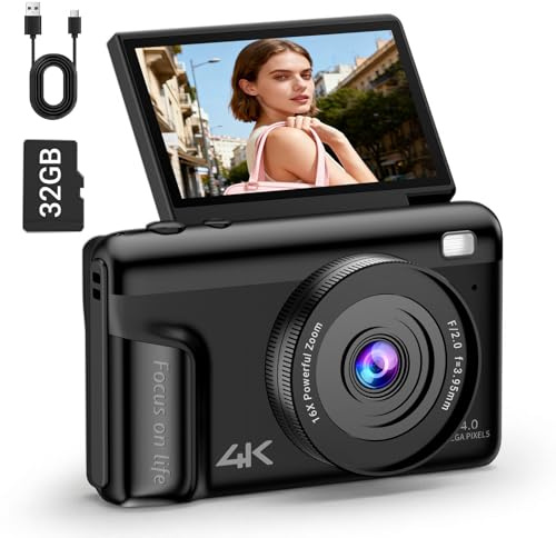Cámara digital 4K para fotografía, cámara de vlogging de 64 MP para YouTube con pantalla abatible y antivibración, cámara de video de enfoque automático UHD con zoom digital de 16X con tarjeta SD de