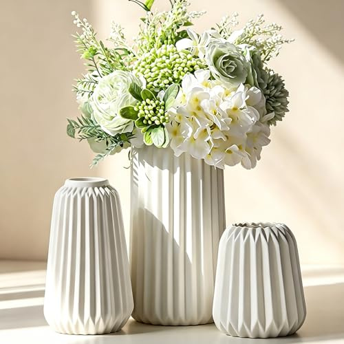 Keramik Vase Weiße 3er, Blumenvase Modern Deco Matte Vasen Deko Aesthetic Neutral Boho Skandinavische zum Regal,Tisch, Bücherregal,Mantel