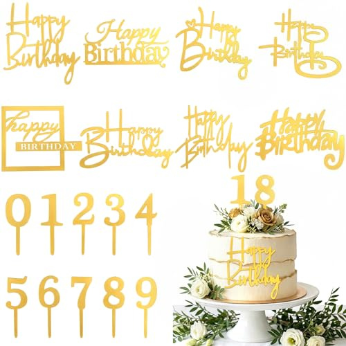 Nogeqi 28PCS Gold Happy Birthday Cake Toppers with Acrylic Numbers for Cakes, Happy Birthday Cake Decorations Sign Picks for Birth Anniversary Party Decoration
