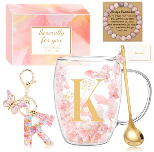 MOTONG Birthday Gifts for Women Glass Coffee Mug, Double Wall Espresso Tea Cups with Letter K Printing, Personalised Gifts for Women Ladies Christmas Valentine's Day Mother's Day with Spoon Bracelet