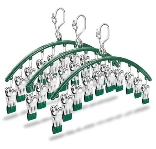 YQYQNT Stainless Steel Sock Hangers for Drying, 3 Pack Trouser Hangers with 10 Non-slip Clips, Clothes Drying Rack with Windproof Hook for Socks, Underwear, Towels, Bras (Green)