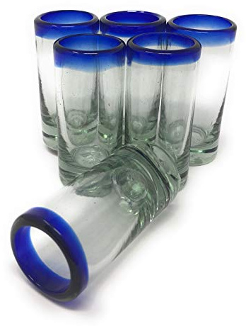 Hand Blown Mexican Tequila Shot Glasses – Set of 6 Cobalt Blue Rim Tequila Shot Glasses (2 oz each)