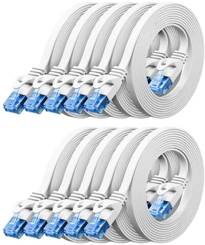 deleyCON 10x 1m CAT6 Cable de Red Plano 1000 Mbit Gigabit LAN - Cat 6 RJ45 Ethernet Patch Cable Instalación Delgado Plano - para Internet Switch Router Modem Patchpanel - Blanco