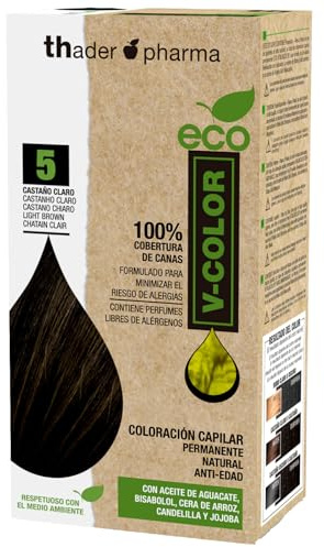Thader Pharma ECO V-Color Kit de Coloración Capilar Permanente sin amoniaco 100% cobertura de canas, 120 ml (No. 5 Castaño claro)