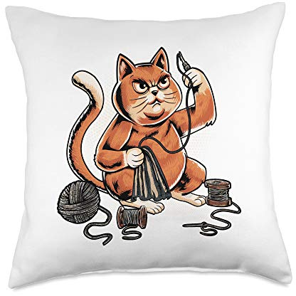 Funny Cat Sewing with a seam ripper - black cat Quilting Throw Pillow