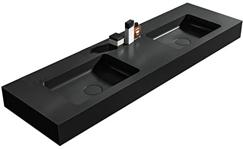 Wandwaschbecken Doppelwaschtisch BA8016 aus Mineralguss - 163 x 45 x 12 cm - Farbe wählbar - Metallkonsole optional, Farbe:Quarz schwarz, Untergestell:Untergestell 163S hängend