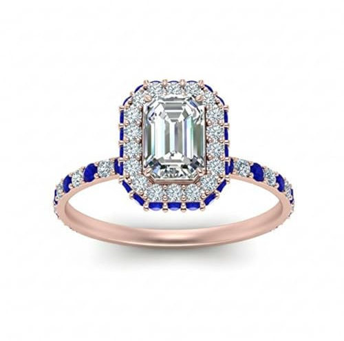 CaratYogi Bague en Diamant avec Halo de roulement plaqué Or Rose Saphir Bleu créé émeraude façonner Bagues de fiançailles Halo réglage de la Broche Taille 55 Cadeau