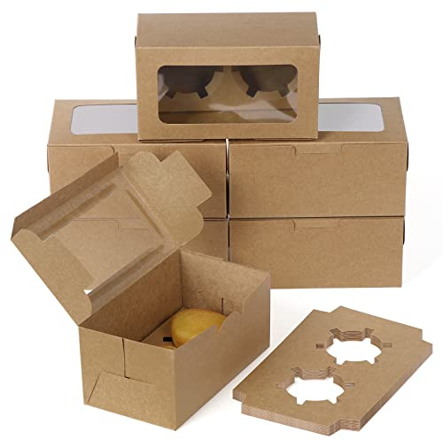 Coolty 50 Stück Cupcake Boxen 2 Löcher Karton Verpackung Boxen Bäckerei Gebäck Boxen mit Fenster und Einsätze für Cookies Muffins Cupcakes Desserts Torten (Braun)