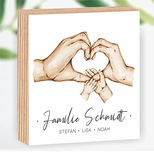 Manschin-Laserdesign Personalisiertes Holzbild Hände Familie personalisiert mit Namen - 15x15x2cm zum Hinstellen/Aufhängen, Fotodirektdruck auf beschichtetes Birkenholz (2 Kinder)