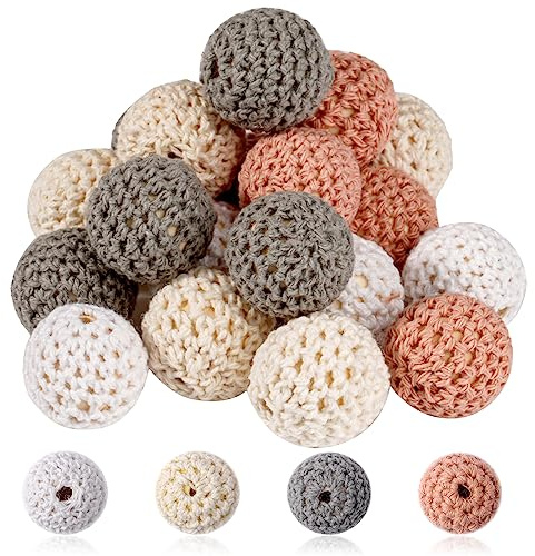 Tikplus 20 cuentas de ganchillo, cuentas de madera de ganchillo de 20 mm para enhebrar, cuentas con agujeros de cadenas, juego de hacer pulseras para adultos, cuentas de madera para fabricación de