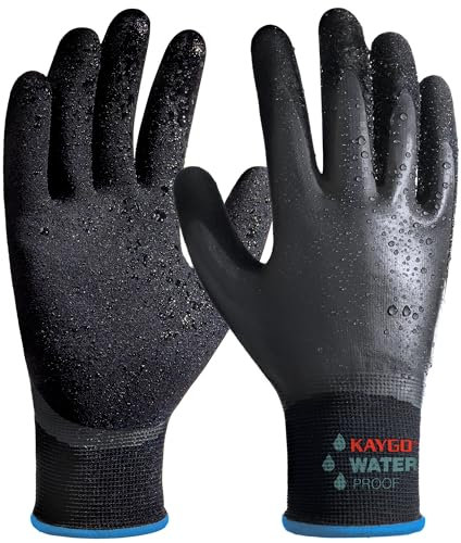 KAYGO gants de travail imperméables pour hommes et femmes avec double revêtement en latex, antidérapante grip pour jardinage, lavage de voiture, pêche, nettoyage, KG150 (Noir, M, taille 8, 1 paire)