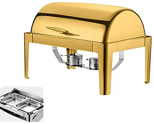 Chafing Dish, Speisenwärmer-Set aus Edelstahl, Roll-Top, Catering, Partys, Buffet-Server, Warmhaltetablett, 1/2/3 Pfanne (A Gold)