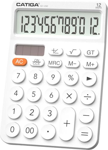 CATIGA 12 Digit Desktop Calculator with Large LCD Display, 4 Funtions Calculator, Round Design Big Button, Solar and Battery Dual Power, Standard Function for Office, Home, School, SD-1292