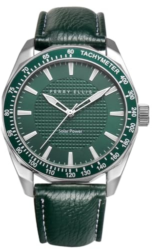 Perry Ellis Solar Powered Mens Watch | Vegan Leather Water-Resistant Analog Wrist Watches for Men | 42mm Case | Aluminum Tachymeter Bezel | Elegant Gift for Man (Green)