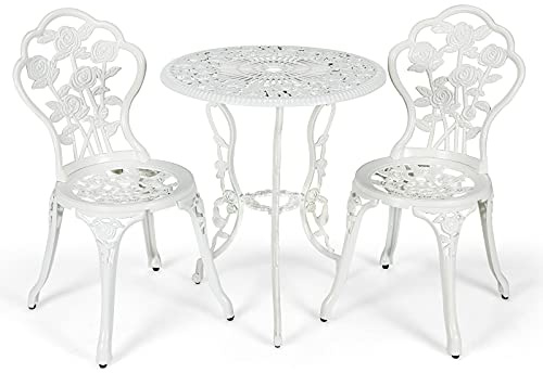 GOPLUS 3 delar Bistroset, Ø 60 cm bistrobord med 2 stolar, trädgårdssats, balkongset av gjuten aluminium, balkongmöbler, trädgårdsmöbelset, sittgrupp, antik för trädgård, balkong, gård, terrass, pool