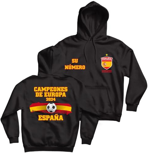lepni.me Sudadera con Capucha de Fútbol España con Su Número Personalizado | Sweatshirt con Insignia de Bandera Española | Campeones de Eurocopa 2024 (XL Negro Multicolor)