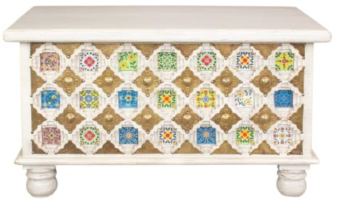 Oriental Galerie Indische Holztruhe mit Messingbeschlag Wäschetruhe Rustikale Truhe Kiste Box Holz Indien Massiv Antik-Optik Weiß 80cm