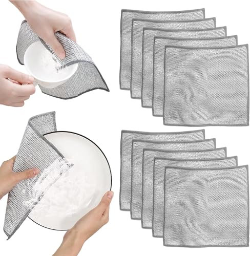 Ansodo 10 Pcs 20 x 20cm Multi Purpose Silver Wire Dishwashing Rags, Reusable, Durable Non-Scratch Multi-Purpose Wet and Dry Durable Wire Cleaning Cloths