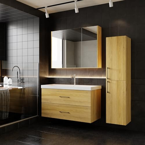 Badmöbel Set Verona 100 | Keramikwaschbecken | Unterschrank | Spiegelschrank | Softclose Schubladen | Holzfurnier & Bügelgriffe | Natürlicher Stil | Badmöbel | Waschtisch mit Unterschrank 100 cm